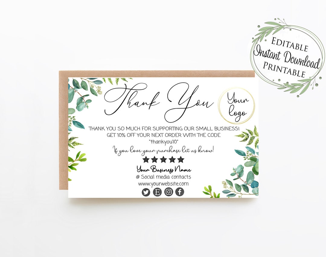 Printable Thank You Card Template – Modern Greenery, Add Logo (digital ...