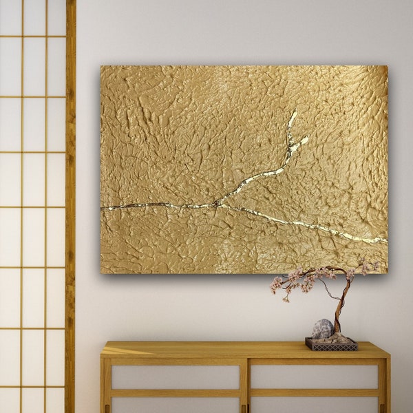 Peinture minimaliste, Deco industrielle, Wabi sabi, Tableau japonais, Kintsugi, Tableau metal, Tableau 3D, Noisette, Bas relief,Feuille d’or