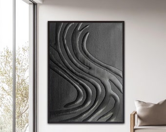 Arte mural 3D de yeso negro de gran tamaño: obra de arte wabi sabi minimalista con textura