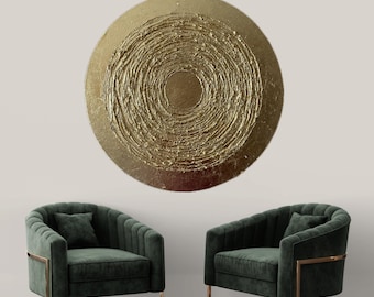 Large Round Metal Wall Art, Gold Leaf Plaster Wall Art, Dimensional 3D Textured Statement Wall Decor