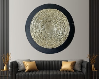 Black and Gold Leaf Round Wall Art: 3D Concrete Wall Decor