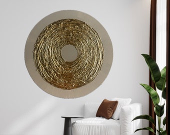Round metal wall art, Circular wall art, Round wall sculpture, Gold artwork,Concrete furniture,Large 3D wall art,Beige art canvas,Metal leaf
