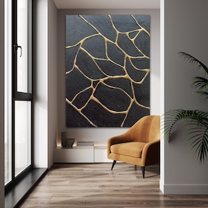 Japanese furniture, Kintsugi, Black wall art, Gold leaf painting, 3D artwork, Textured wall art, Kintsugi pottery, Minimalist furniture