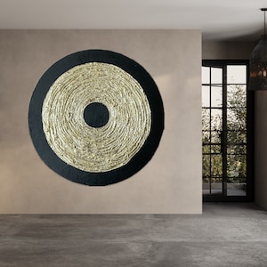 Concrete wall art, Black and gold art, Round metal art, Rusty metal decor, Round wall art,  Palette knife painting, Gold foil art,3D artwork