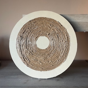 Circular wall art, Beige art canvas, Round wall sculpture, 3d textured painting, Plaster wall art, Round wall hanging, Brown room decor