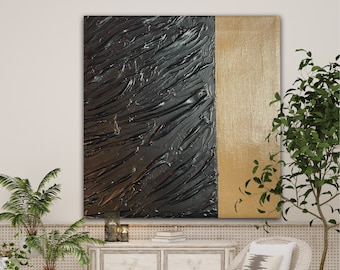 Arte mural de yeso negro texturizado: pintura abstracta de gran tamaño
