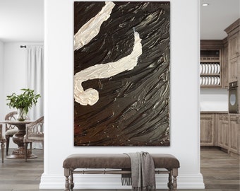 Arte mural 3D de gran tamaño, pintura de yeso, obra de arte texturizada en blanco y negro, pintura wabi sabi