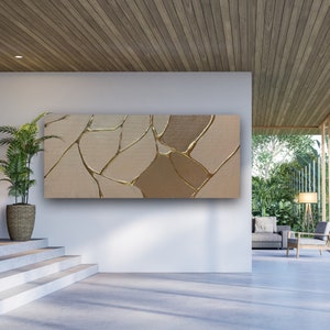 Kintsugi kunst aan de muur, Kintsugi, 3D kunst aan de muur, Beige kunstcanvas, Japanse schilderkunst, Japans meubilair, Japanse muurhangen, Bladgoud schilderen