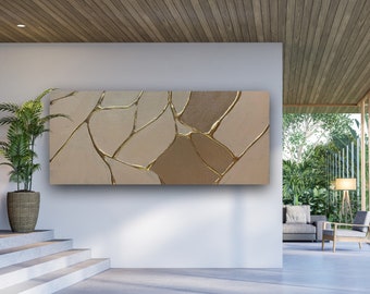 Kintsugi wall art, Kintsugi, 3D wall art, Beige art canvas, Japanese painting, Japanese furniture, Japanese wall hanging, Gold leaf painting