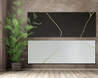 Conjunto de dos arte de pared, muebles japoneses, obras de arte japonesas, Kintsugi, arte en blanco y negro, cerámica Kintsugi, pintura de lámina de oro, obra de arte 2 piezas