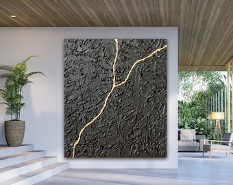 Wabi sabi wall art, Kintsugi, Black wall art, Plaster art, Palette knife painting,Oversized wall art,Japanese ceramics,Japanese wall hanging