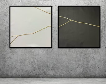 Arte de pared de dos piezas, gran conjunto de arte de pared kintsugi 3D, lienzo minimalista con textura negra y dorada, decoración de pared con díptico moderno.