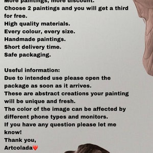 Puede incluir: Texto sobre un fondo blanco con una hoja marr&oacute;n en el fondo. El texto dice: "Debes elegir artcolada porque: &iexcl;Env&iacute;o gratuito a todo el mundo! &iexcl;M&aacute;s pinturas, m&aacute;s descuento! Elige 2 pinturas y obtendr&aacute;s una tercera gratis. Materiales de alta calidad. Todos los colores, todos los tama&ntilde;os. Pinturas hechas a mano. Tiempo de entrega corto. Embalaje seguro. Informaci&oacute;n &uacute;til: Debido al uso previsto, abre el paquete tan pronto como llegue. Estas son creaciones abstractas, tu pintura ser&aacute; &uacute;nica y fresca. El color de la imagen puede verse afectado por los diferentes tipos de tel&eacute;fonos y monitores. Si tienes alguna pregunta, h&aacute;zmelo saber. &iexcl;Gracias, Artcolada!"