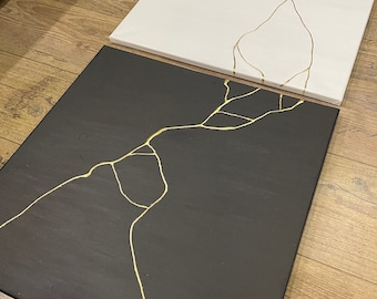 Conjunto de arte mural Kintsugi: pintura 3D con hojas de oro en blanco y negro