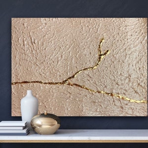 Plaster art, Palette knife painting, Kintsugi, Kintsugi pottery, Beige art canvas, 3D relief, Gold metall wall decor, Gold leaf wall art
