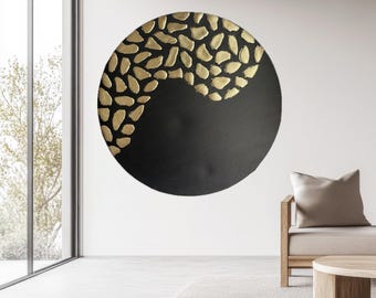 Round 3D Metal Wall Art, Large Circular Wall Art Abstract with Gold Textured Foil, Modern Minimalist Home Decor