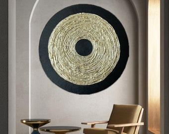 Circular Wall Art, Black and Gold Leaf 3D Plaster Wall Art, Large Round Metal Wall Decor, Abstract Contemporary Art