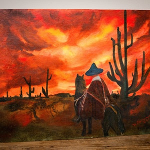 60s 16x20 Southwest Sunset Desert & Rider Original Painting, Signed, Hazel Connery, Vintage 1960s