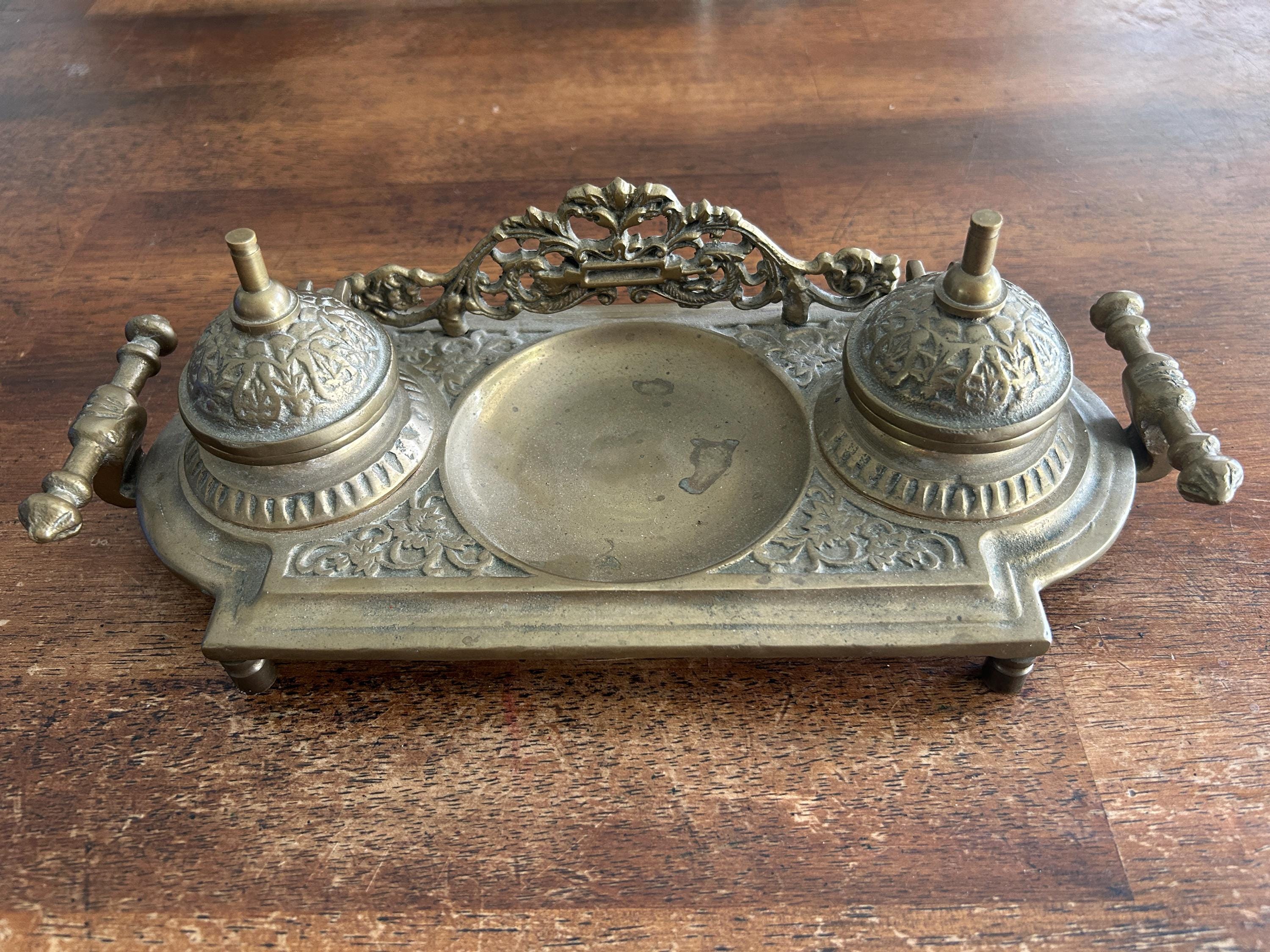 Vintage Double Brass Inkwell - Etsy Vintage Brass Metal Footed Hammered Double Inkwell w Glass Inserts Lidded main image 0