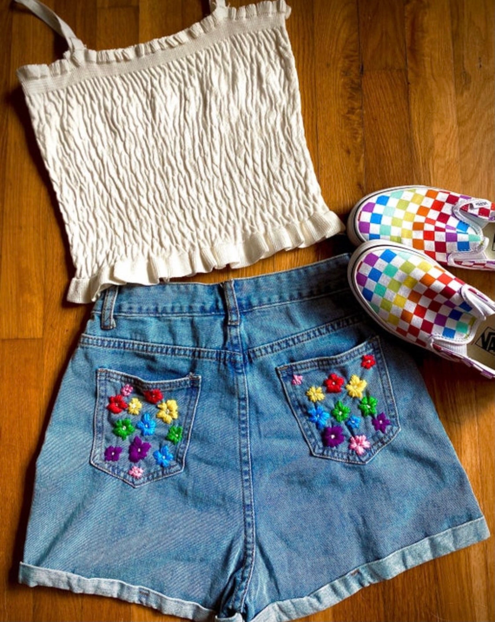 Embroidered Rainbow Flower Shorts Etsy