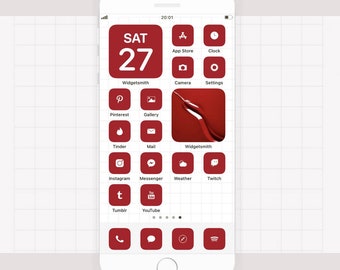 ワインレッド IOS 14 アイコンテーマパック - 赤と白の美しいホーム画面アイコン、iPhone、カバー、