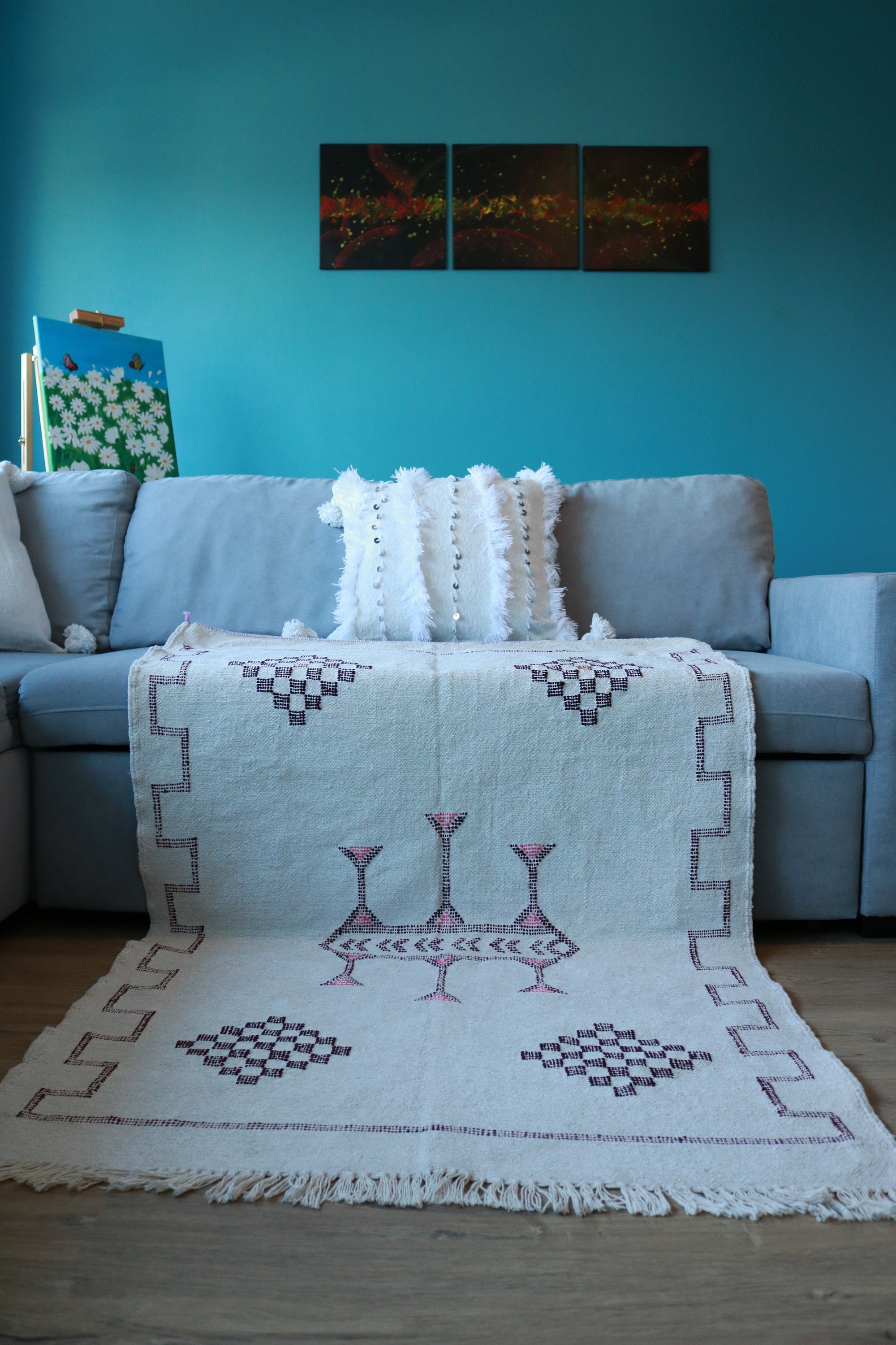 Tapis Berbère, Tapis Marocain, Tissé Main en Laine, Blanc, Motifs Colorés - 143x95 cm