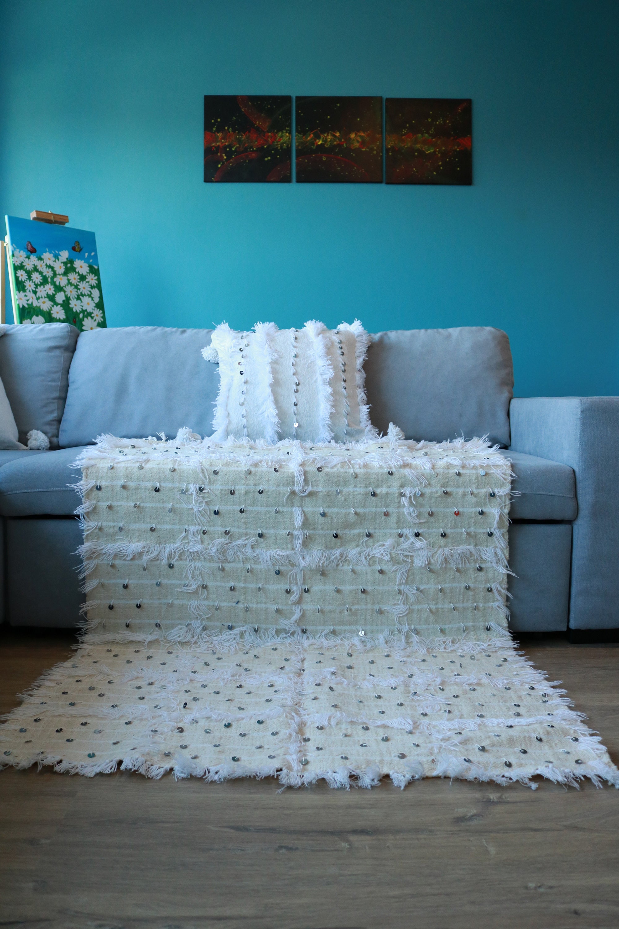 Handira Berbère, Tapis Marocain, Tissé Main en Laine, Jeté de Lit Blanc, Agrémenté Sequins Miroir, -