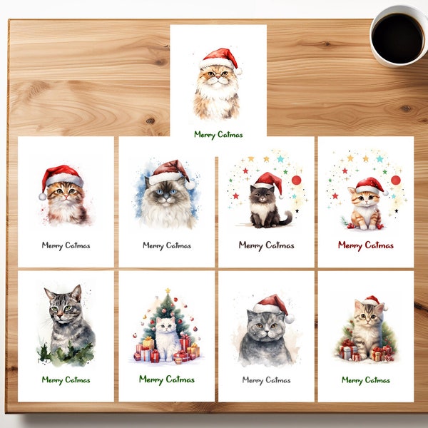 Merry Catmas | Aquarell Karte Katze | Frohe Weihnachten Katze | merry Chritmas Holiday Cards |   Karten set | Grußkarten Karten