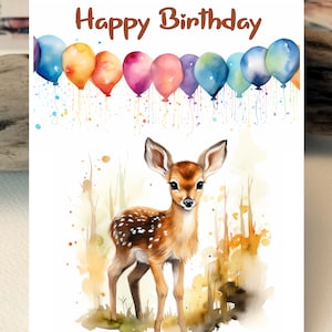 Ballon de bébé cerf carte aquarelle | Cerf de carte d’anniversaire | Carte de cerf joyeux anniversaire |  Carte d'amour | Carte d'anniversaire de cerf | Carte de voeux animaux