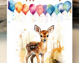 Watercolor Deer Baby Balloon Card | Deer Birthday Card | Happy Birthday Deer Card | Love Card | Deer Birthday Card | Animal Greeting Card