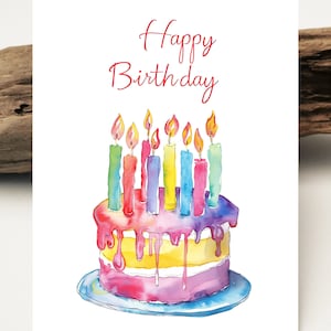 Aquarell Karte Happy Birthday Cake | Geburtstagskarte Geburtstagskuchen Kerzen | Liebe Geburtstagskarte | Grußkarten Karten