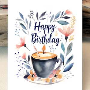 Happy birthday watercolor card | Birthday card coffee | Greeting card in watercolor look | Flowers | Greeting cards