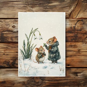 Ratones de invierno con campanillas de invierno – Arte nostálgico | Tarjeta de ratones y campanillas de invierno | Tarjeta de felicitación de primavera | flores de campanilla de invierno