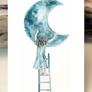 Mädchen Mond Postkarte | Liebevolle Mond Postkarte zum Kinder I Leiter hochklettert mit Mond I Grußkarten I Mädchen und Mond