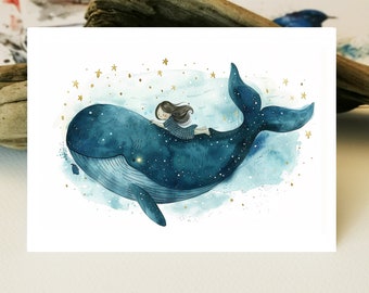Walvis ansichtkaart | Liefdevolle walvis ansichtkaart voor kinderen I walvis met sterren I wenskaarten I meisje en walvis