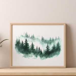 pine forest watercolor Poster, Morgen Nebel im Wald, Kunstdruck Aquarelle Wandbild Wald, Kiefernwald Poster, Home Dekor A4  Poster