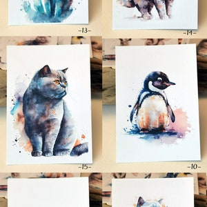 Pu&ograve; includere: Un set di sei acquerelli che raffigurano gatti e pinguini. I dipinti sono su cartoncino bianco e hanno uno sfondo acquerellato blu chiaro, arancione e rosa.