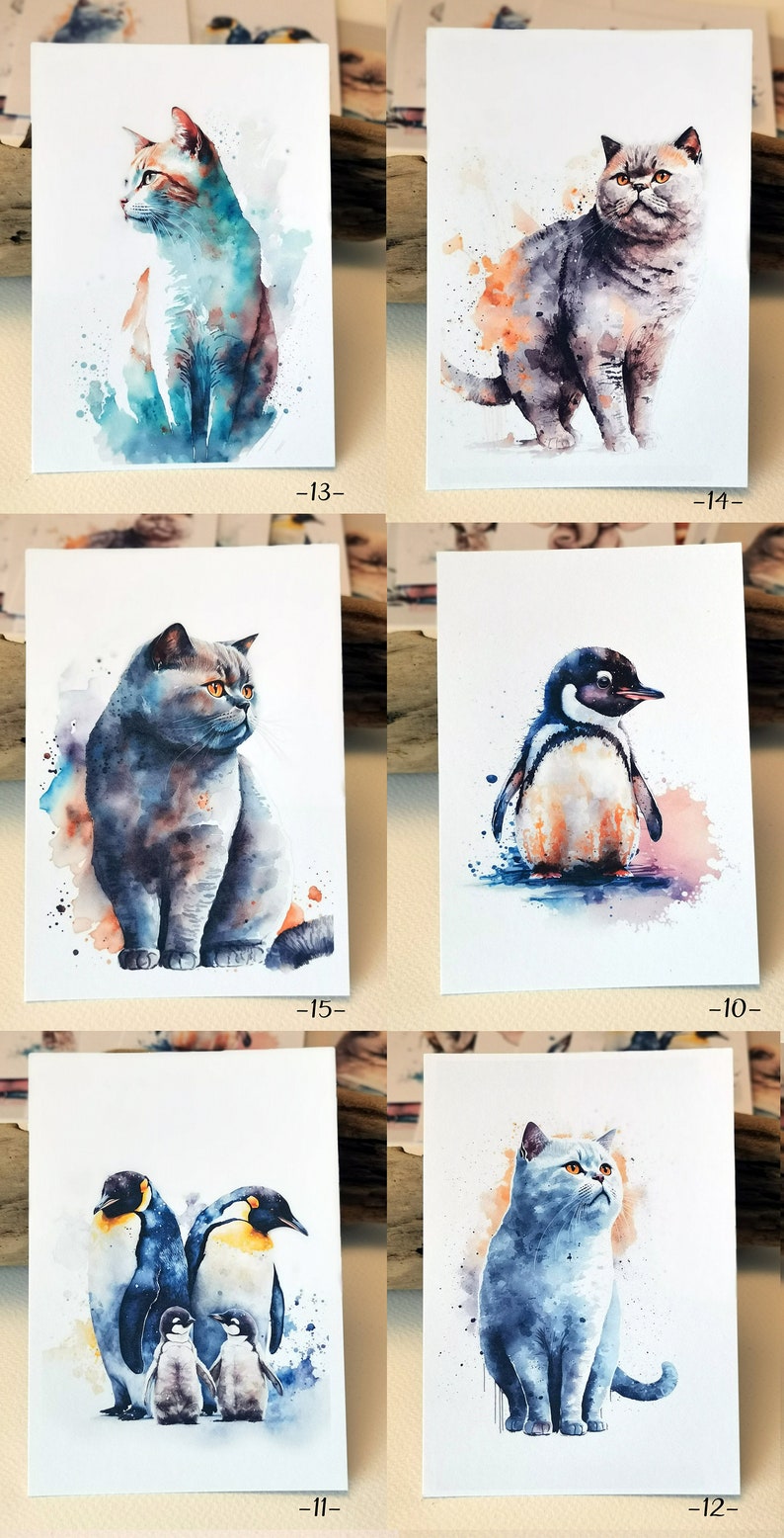 Pu&ograve; includere: Un set di sei acquerelli che raffigurano gatti e pinguini. I dipinti sono su cartoncino bianco e hanno uno sfondo acquerellato blu chiaro, arancione e rosa.