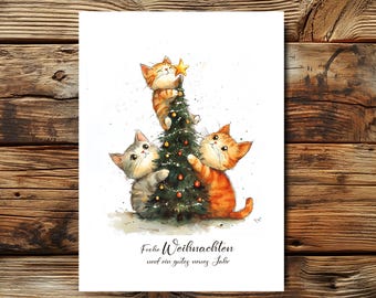 Carte de Noël avec chat Sapin de Noël I Carte de Noël CHAT drôle | Carte Chat Joyeux Noël I JOYEUX CATMAS