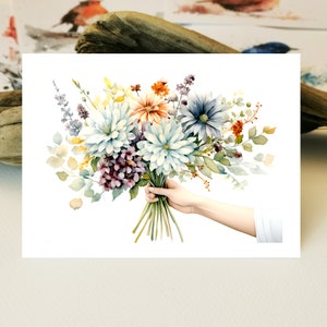 carte douce amour merci avec bouquet de fleurs I carte de voeux fleurs | Carte postale fleurs aimantes I carte de remerciement I carte postale avec fleurs aquarelles