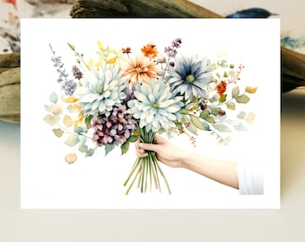 sweet card love thank you with bouquet of flowers I flower greeting card | loving flower postcard I I thank you card I postcard with watercolor flowers