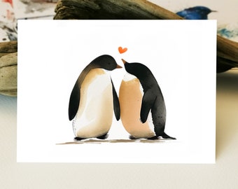 Watercolor card | Loving penguin couple postcard for Valentine's Day I I love you I I love you I greeting cards I friendship card