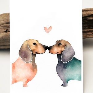 süße Dackel Aquarell Karte | Liebevolle Dackel Postkarte zum Valentinstag I Dackelfans Geschenk I Geburtstag Grußkarten I Freudschafts karte