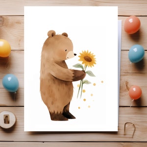 Baby Bär Postkarte | Liebevolle Kinder Geburtstag karte I Baby Bär with Sonnenblumen I Baby Bär Grußkarte I Kindergeburtstag Karte