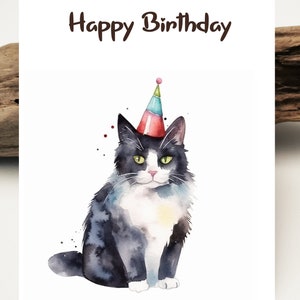Watercolor Card Tuxedo Cat | Birthday Card Bicolor Cat | Kitten Birthday Card | Kitty Card | Greeting Cards