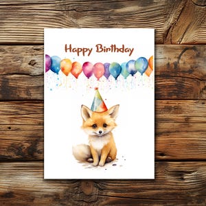 Aquarell Karte Baby Fox with Hut | Geburtstagskarte Fuchs Hut | Liebe Geburtstagskarte | Happy Birthday Fuchs Karte | Grußkarten Karten