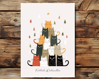 Carte de Noël avec chat Sapin de Noël I Carte de Noël CHAT drôle | Carte Chat Joyeux Noël I JOYEUX CATMAS