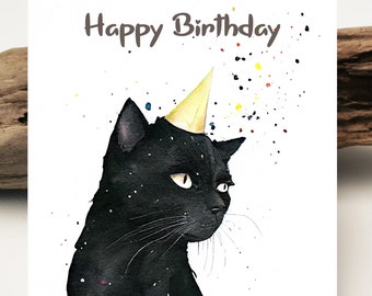 Watercolor card | Birthday card black cat | Kitten birthday card | Kitty card | Greeting cards