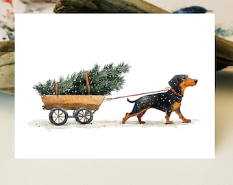 Gratulationskort julkort tax | Tax julgran | Julkort hund | Akvarell julkort