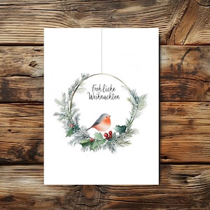 Weihnachtskarte mit Rotkehlchen und Kranz | Aquarell Weihnachtskarte Karte |  Frohe Weihnachten Grußkarte